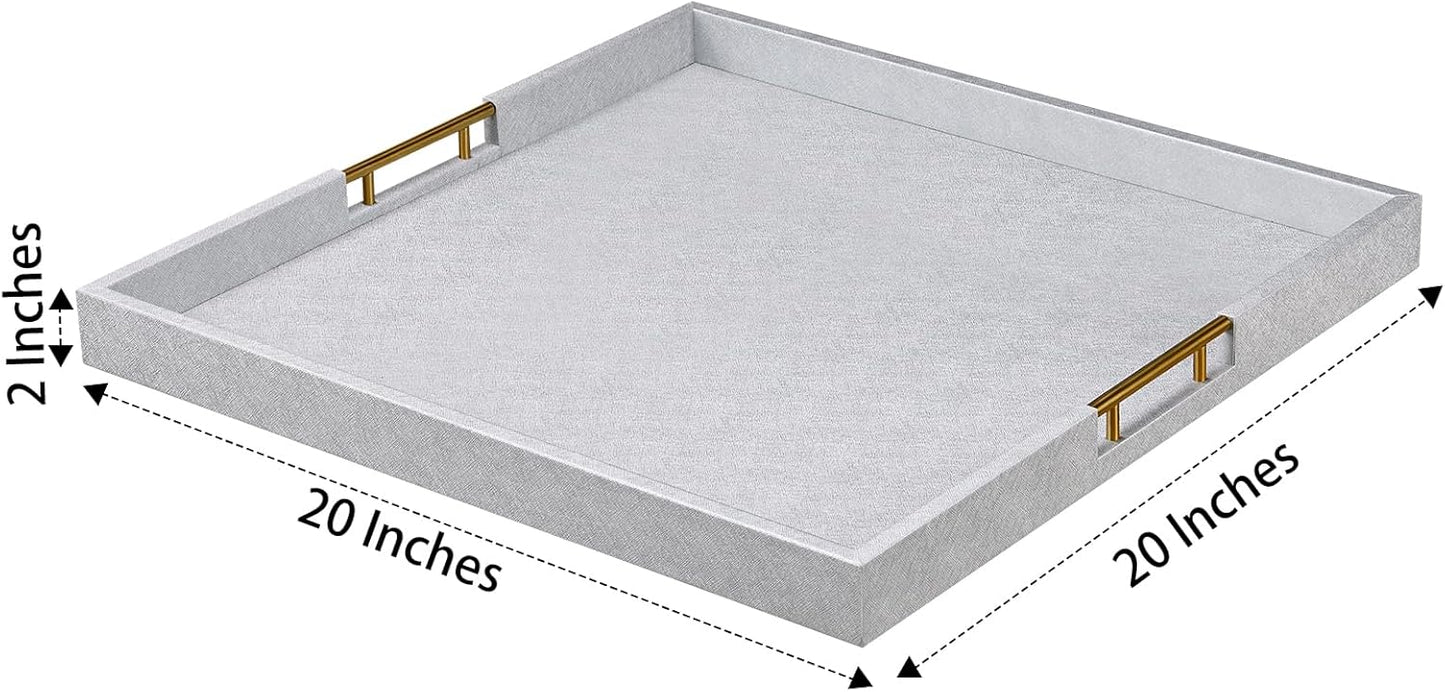 20x20 Inches Large Silver Faux Leather Wrapped Wood Ottoman Tray with Handles for All Occasions, Serving Food Breakfast On Bed, Home Decor Decorative, Living Room,Square Coffee Table Organizer