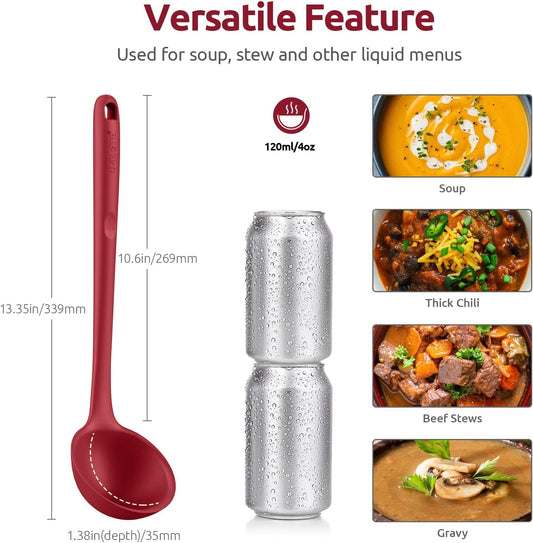 13 inch Silicone Soup Ladle: U-Taste 600ºF Heat Resistant 4 oz Large Non-stick Seamless Rubber Kitchen Deep Serving Spoon with Non Slip Solid Long Handle for Cooking Sauce/Stews/Gravies/Chili (Red)