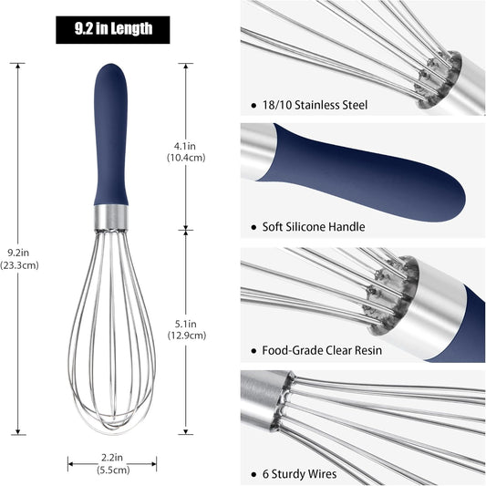 18/8 Stainless Steel Balloon Whisk, Doosu Kitchen Whisk for Cooking Handheld Egg Beater with Rust-Proof Sturdy Wires & Non-Slip Silicone Handle for Beating, Stirring, Blending (6 Wires, Navy Blue)