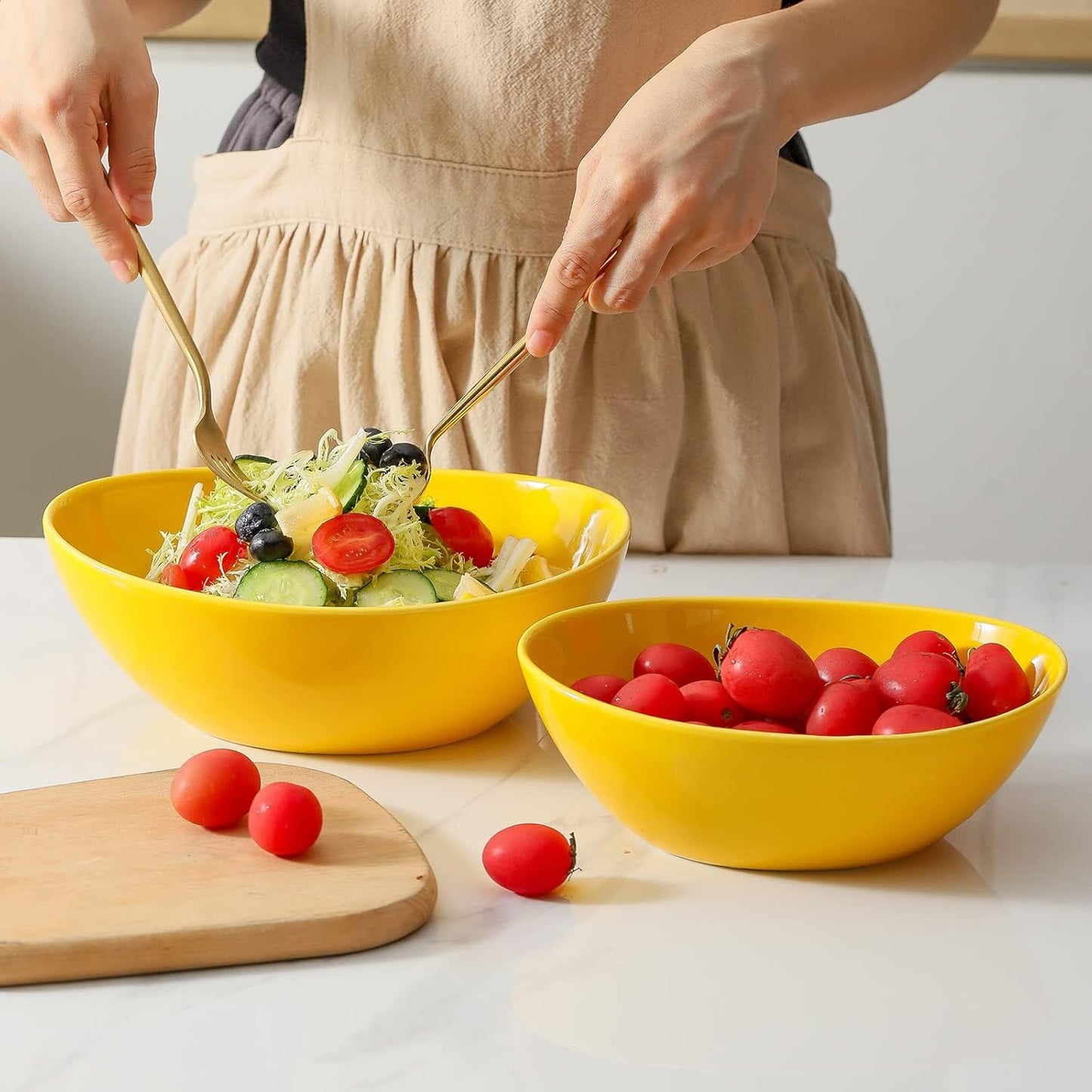 Hasense Large Serving Bowls, Ceramic Salad Mixing Bowls, 42 Ounce Serving Dishes for Entertaining, Oval Pasta Bowls for Soup Salad Popcorn Side Dishes, Set of 4, Yellow
