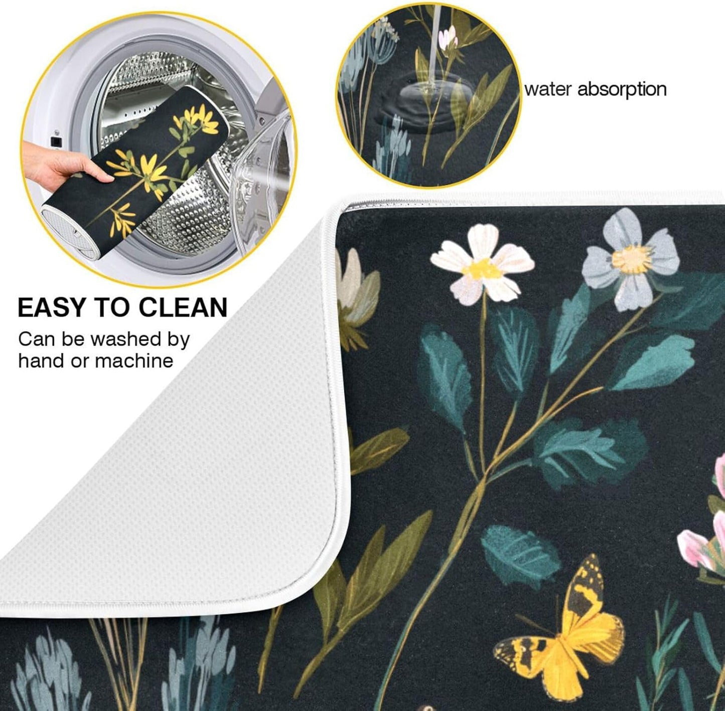 Wildflowers and Grasses Dish Drying Mat for Kitchen Counter Super Absorbent Dishes Pad Reversible Microfiber Protector Dish Draining Mats 16x18 inch