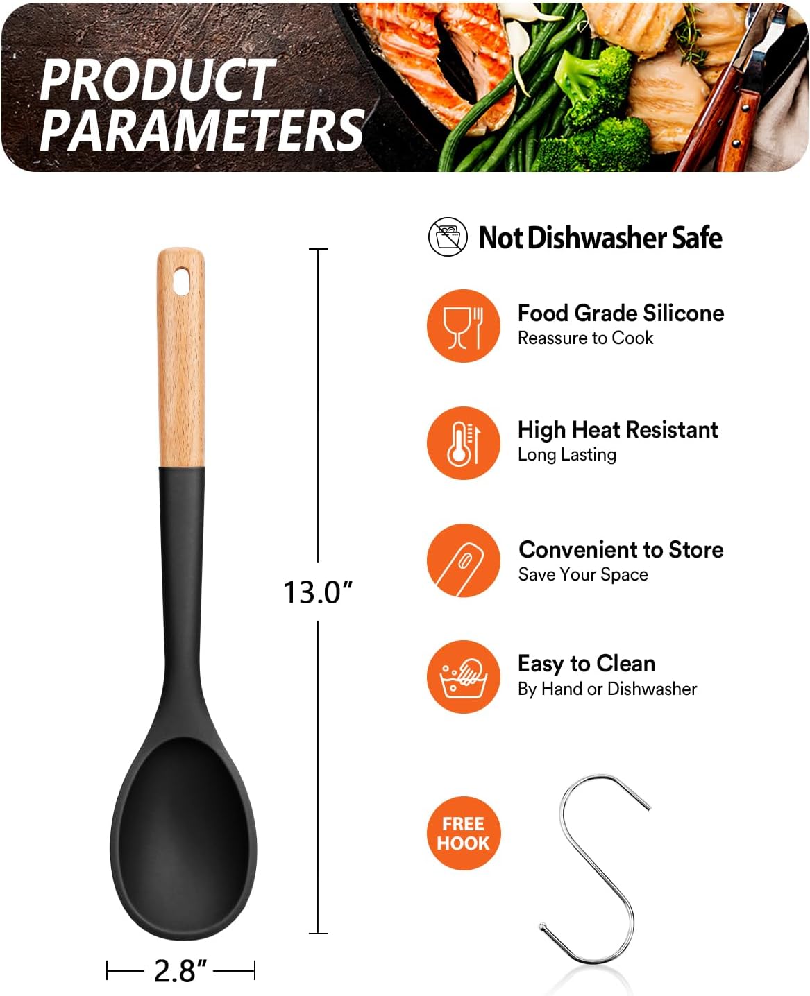 Large Silicone Cooking Spoons, Nonstick Solid Wooden Handle Spoon, Heat Resistan Silicone Kitchen Spoons for Cooking, Serving, Basting, Mixing, 13.2inch (Black)