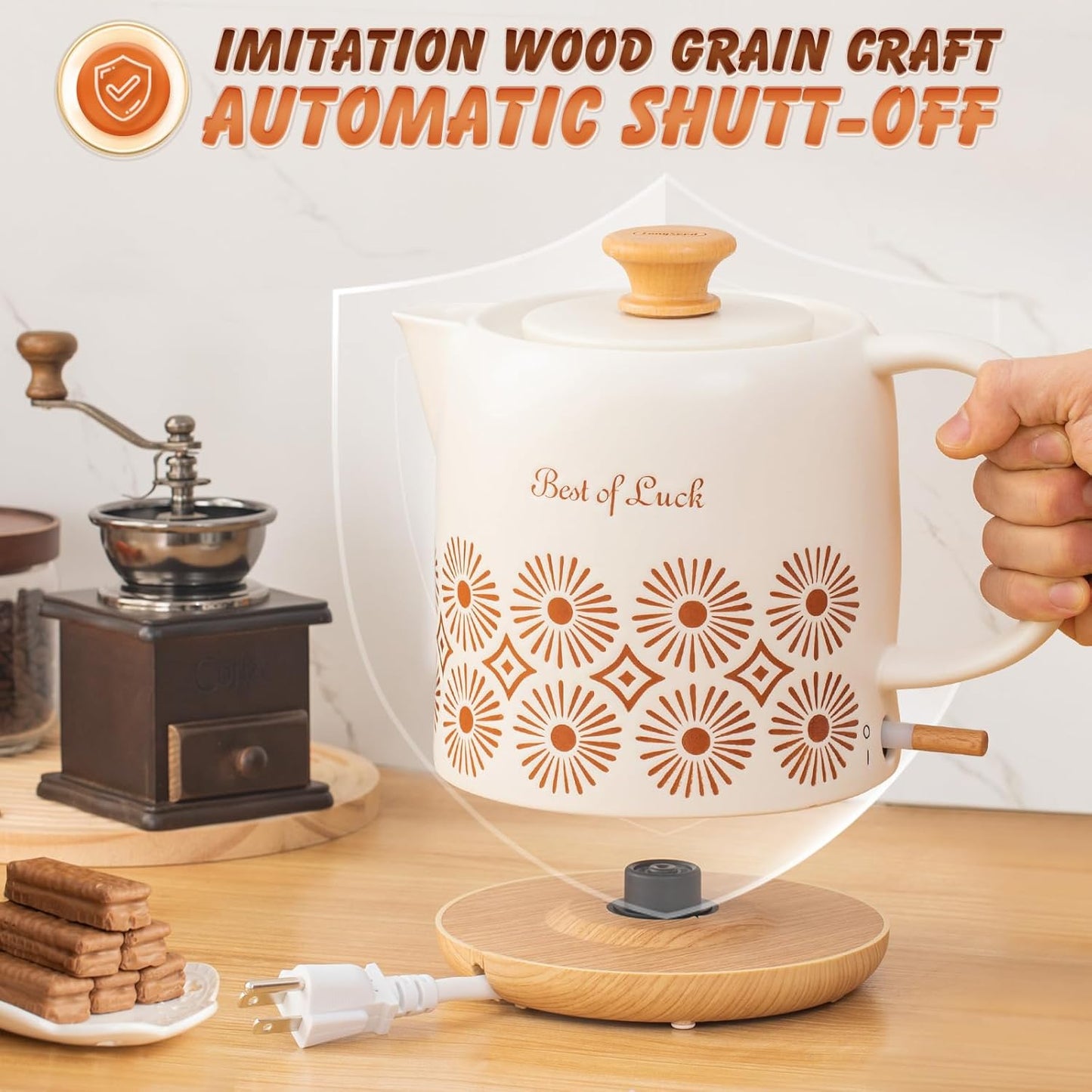 Ceramic Electric Kettle 1 Quarts, Automatic Shut Off, Porcelain Teapot, Hot Water Electric Boiler with LED Light, Boil Dry Protection, Short Spout 1000W Rapid Boiling Water for Tea Coffee