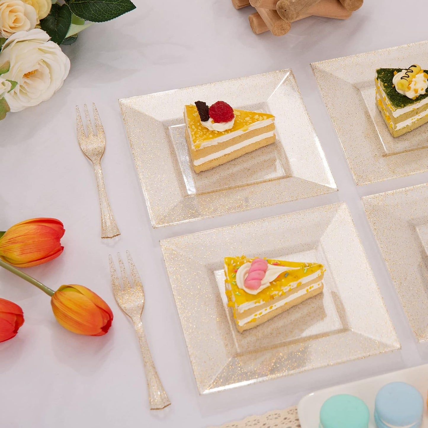 DaYammi 200Pcs Gold Dessert Plates Including 100Pcs Appetizer Plates 6",100Pcs Plastic Forks 5.7",Gold Glitter Plastic Square Plate for Party,Gold Salad Plate and Cake Forks for Wedding Birthday