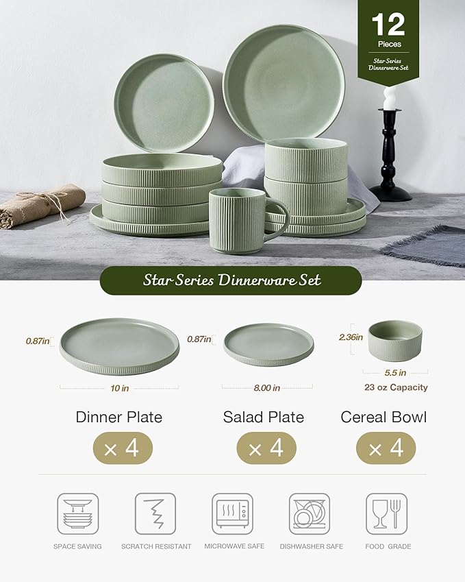 Famiware Star Dinnerware Set, Plates and Bowls Sets for 4 (12pcs), Ribbed Stoneware Dishes - Chip & Scratch Resistant, Microwave & Dishwasher Safe, Matte Sage Green