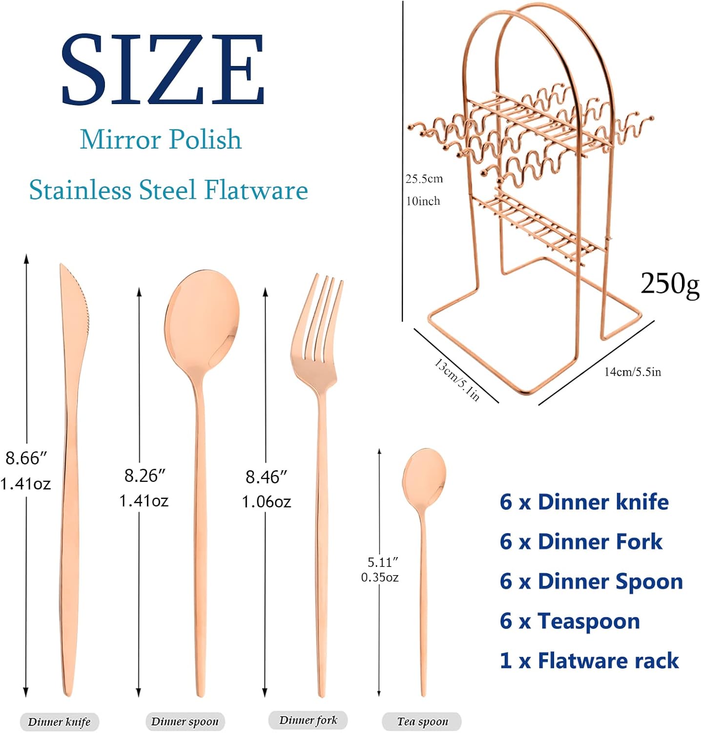 24-Piece Mirror Rose Gold Cutlery Set, Snplowum Stainless Steel Flatware Hanging Tableware Silverware Set Include Knife/Fork/Spoon/Teaspoon and Storage Rack For Daily Use, Service For 6