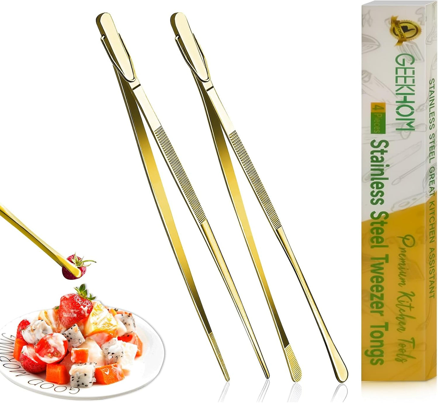 GEEKHOM 2 Pcs 12-Inch Gold Kitchen Tweezer Tongs, Stainless Steel Cooking Tweezers with Serrated Tips for Professional Plating, Grill & BBQ