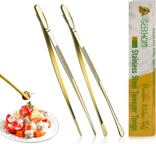 GEEKHOM 2 Pcs 12-Inch Gold Kitchen Tweezer Tongs, Stainless Steel Cooking Tweezers with Serrated Tips for Professional Plating, Grill & BBQ