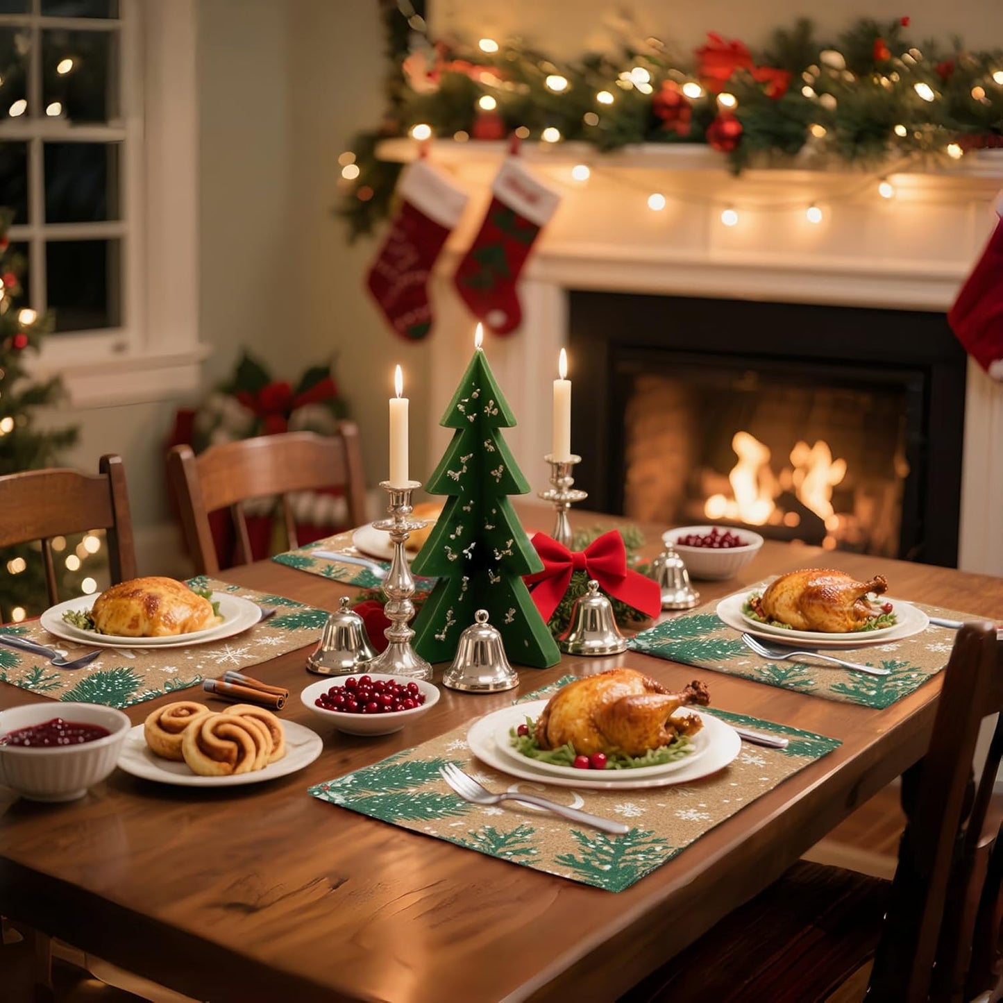 MANSPHIL Brown Christmas Placemats Set of 4 Snowflake Fabric Table Mats Farmhouse Table Decor Cotton Faux Linen Place Mats Heat Resistant Washable Dining Kitchen - 13x19 Inch Oeko Tex Placemat