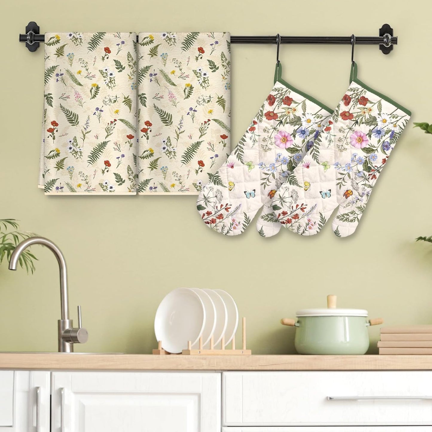 Rustic Flower Kitchen Towels and Oven Mitts Set 4Pcs, Soft Absorbent Dish Cloth Heat Resistant Oven Gloves for Cooking Baking Kitchen Decoration, Gifts for Her