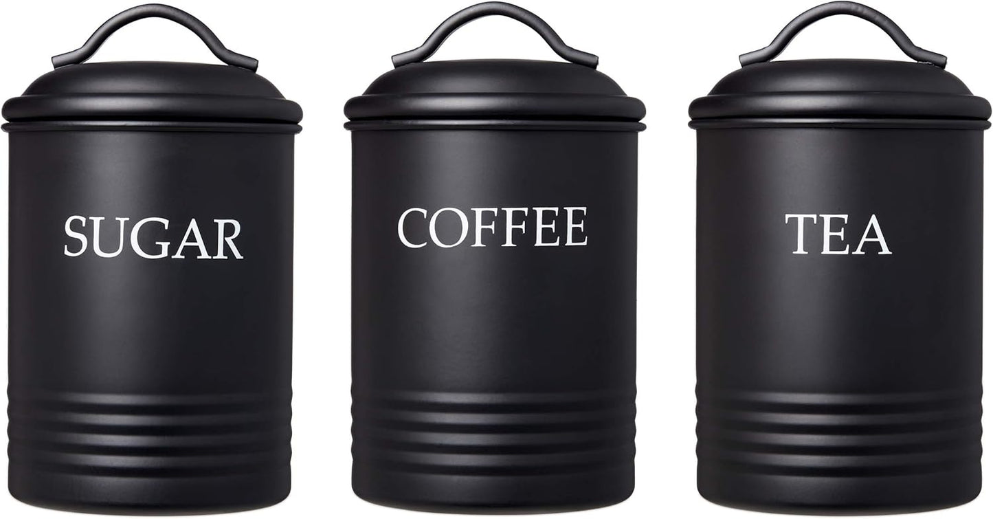 Kitchen Canister Set of 3 Sugar Coffee Tea with lids Food Storage, Black