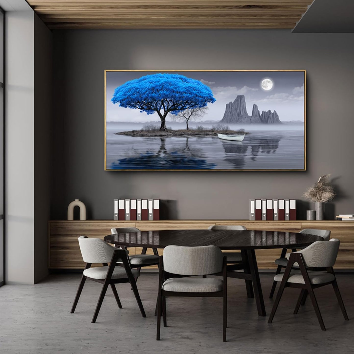 XLSJERST Living Room Wall Decor - Black and White Blue Tree Moon Canvas Wall Decor for Home Artwork Painting 29x58 Inches Canvas Print for Bedroom Decor Modern Salon Kitchen Office Hang a Picture