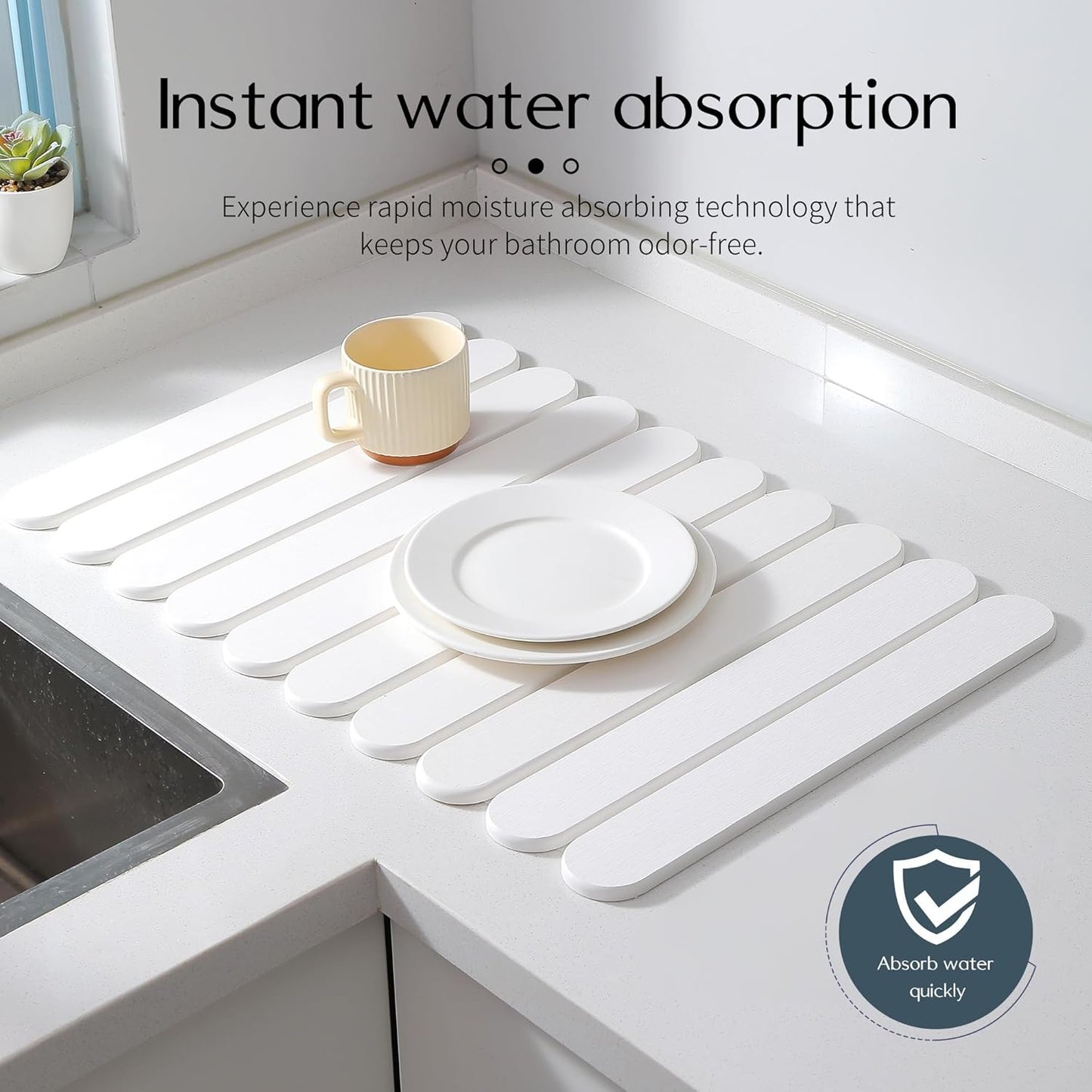 16"×12" White Stone Dish Drying Mats for Kitchen Counter, Large Quick Dry Collapsible Eco-Friendly Super Absorbent Diatomaceous Earth Heat-resistant Mat for Dishes Bottles Cups, Match Any Countertop