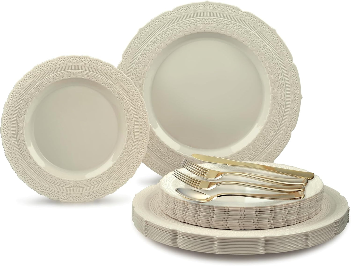 " OCCASIONS " 150pcs set (25 Guests)-Extra Heavyweight Vintage Wedding Disposable/Reusable Plastic Plates (25 x 11'' + 25 x 8.25'') + Silverware (Chateau Collection in Ivory)