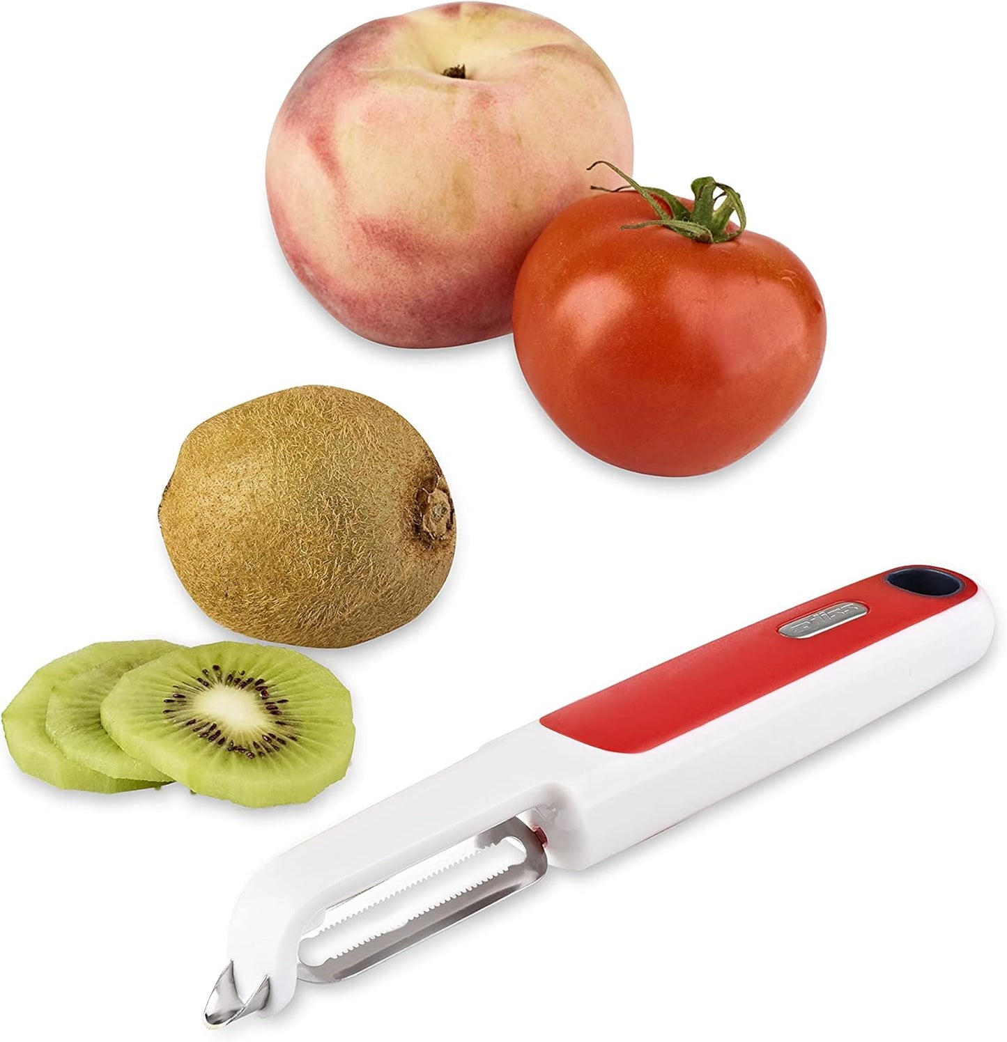 Zyliss Soft Skin Fruit & Vegetable Peeler - Stainless Steel Serrated Peeler - Perfect for Potato, Cucumber, Carrot, Apple, Orange, Tomatoes, & More - Comfort Grip Peeler Kitchen Tool - Red