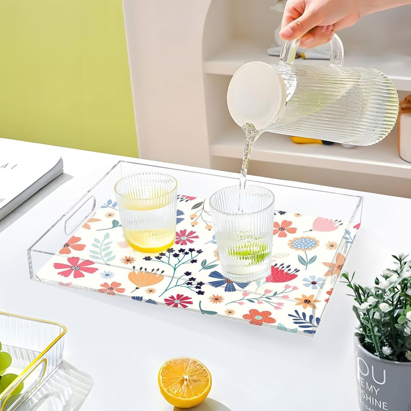 Acrylic Serving Tray with Handles Spill Proof Kitchen Storage Tray Clear Decorative Tray Makeup Drawer Organizer Storage Tray for Bathroom Living Room Ottoman 15.7x11.8Inches