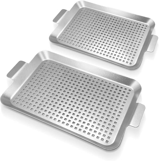 Grill Pan Set of 2, Grill Topper for Outdoor Grill, Stainless Steel Roasting Basket with Handles, Perforated Grill Tray for Smoker Roasting, Oven, BBQ Accessories(2 Small)