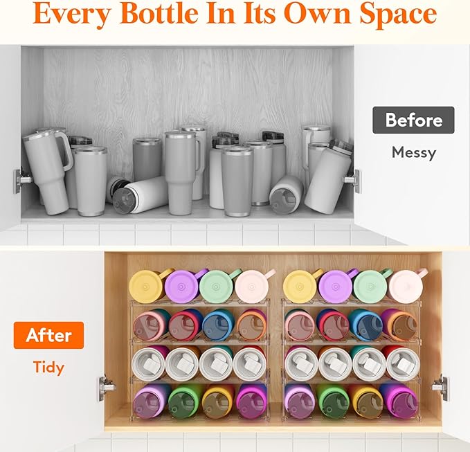 Lifewit Stackable Water Bottle Storage Organizer, Clear Tumbler Cup Mug Organizer, Plastic Large Compartment Wine Rack for Fridge Cellar Kitchen Pantry Storage, 4Tier Hold 16