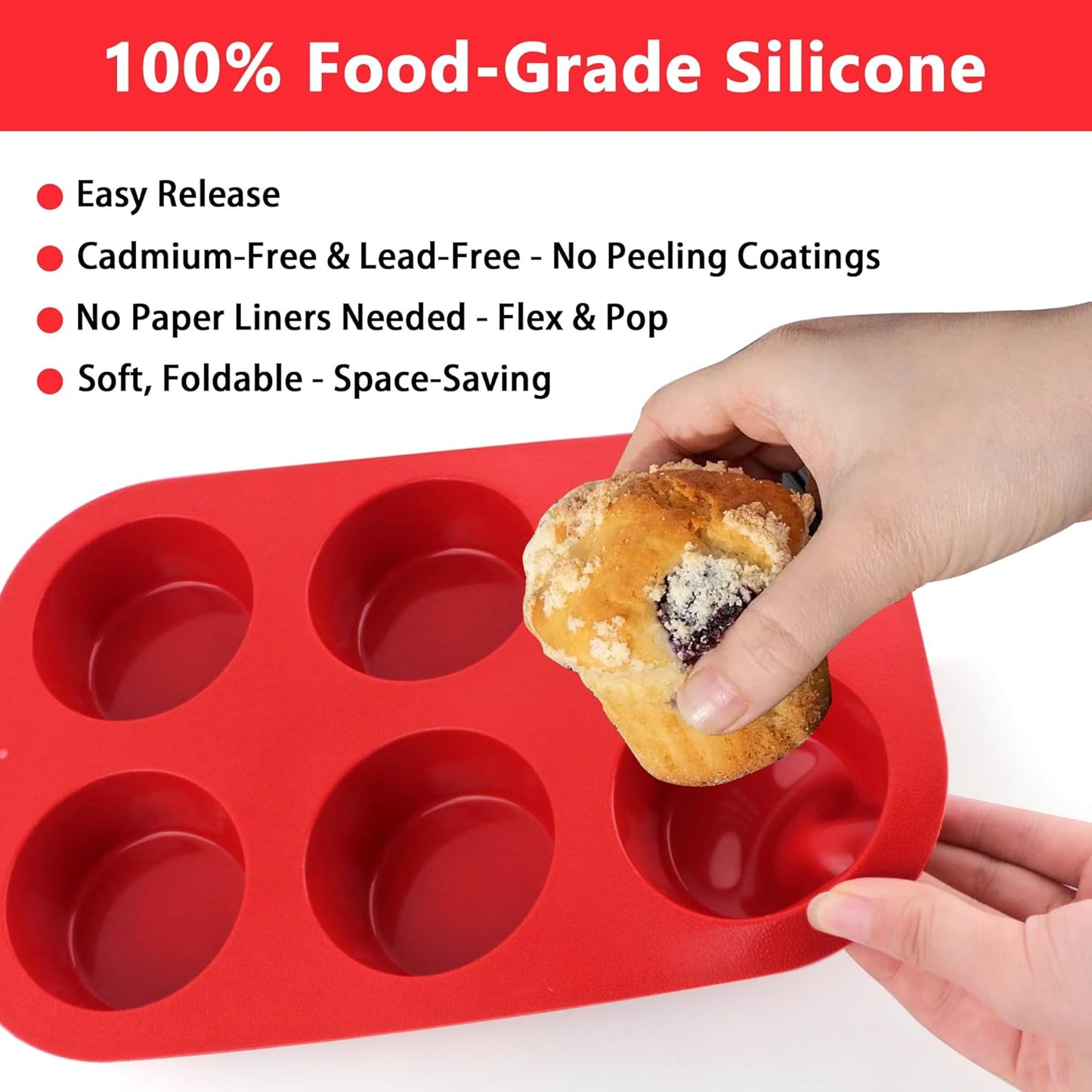 3-Pack 6-Cup Silicone Muffin Pans, Nonstick Cupcake Baking Molds, Muffin Cupcake Pans Molds for Baking, BPA/PFA-Free, Dishwasher & Oven Safe - Red