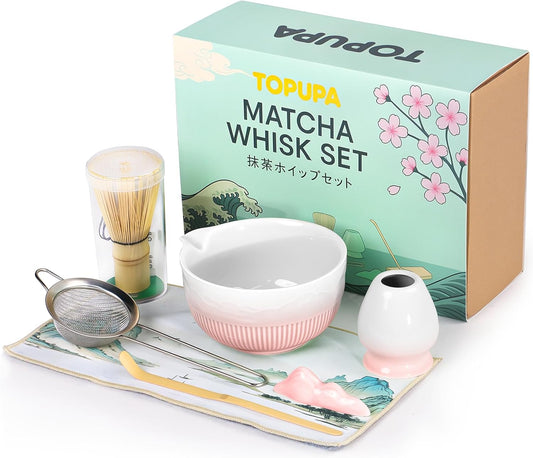 7PCs Pink Matcha Whisk Set Traditional Japanese Matcha Kit with Whisk and Bowl Matcha Making Accessories Bamboo Chasen Tea Spoon Holder Sifter Tea Towel Ceremony Macha Tea Set for Beginners