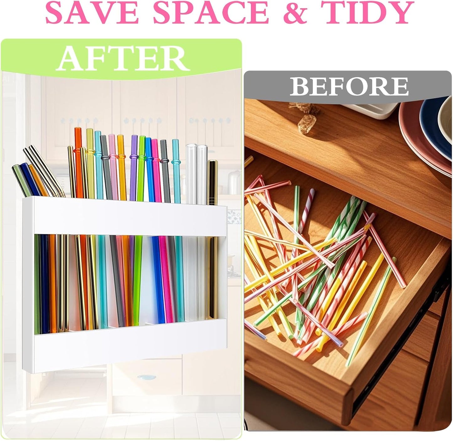 Acrylic Straw Holder Organizer - Cabinet Door Mounted with Adhesive Tape, Reusable Storage for Drinking & Tumbler Straws, Space Saving Kitchen Organization