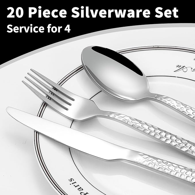 20-Piece Hammered Silverware Set, Food-Grade Stainless Steel Flatware Set for 4, Cutlery Set, Home Kitchen Utensil Set, Include Knifes Forks and Spoons Silverware Set, Mirror Finish, Dishwasher Safe
