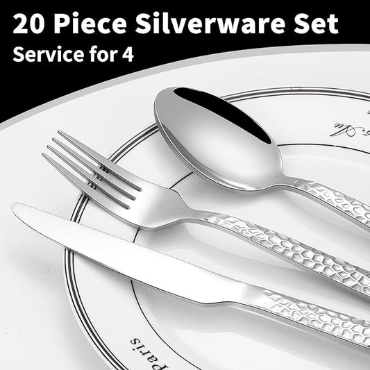20-Piece Hammered Silverware Set, Food-Grade Stainless Steel Flatware Set for 4, Cutlery Set, Home Kitchen Utensil Set, Include Knifes Forks and Spoons Silverware Set, Mirror Finish, Dishwasher Safe