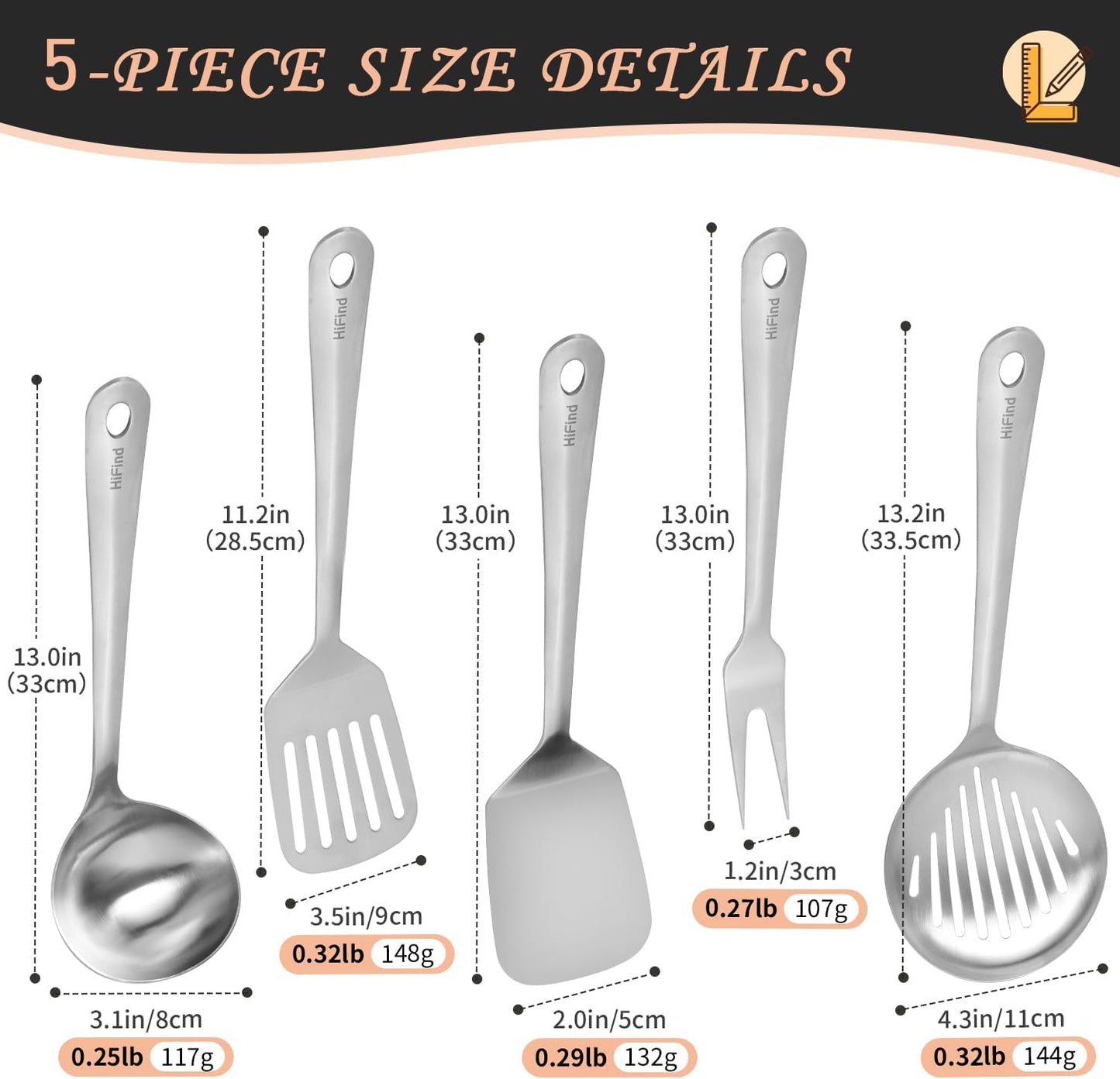 Cooking Utensils Set, Stainless Steel Kitchen Utensils Set, Durable Kitchen Gadgets- 5 PCS -Ladle, Skimmer, Slotted Turner, Solid Turner, Meat Fork