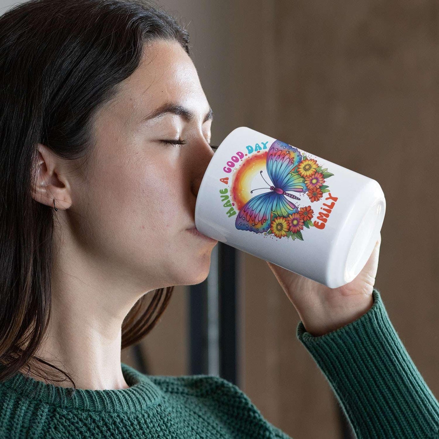 Colorful Butterfly Customized With Have A Good Day Travel Cup, Custom White Ceramic Coffee Mug Gifts For Animal Lovers, Personalized Name Thoughtful Gifts Mug For Kids On Birthday