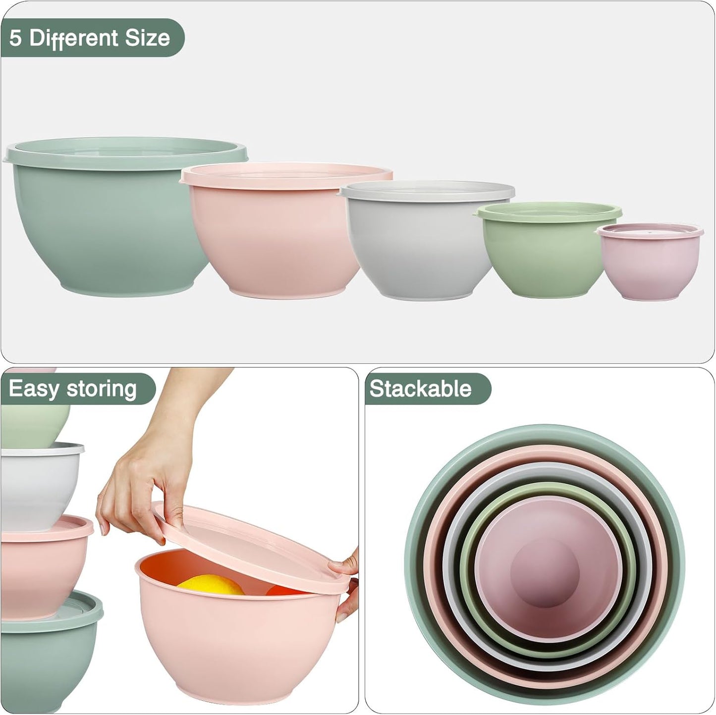 5-Piece Plastic Mixing Bowls with Lids Set for Kitchen, Nesting Bowls for Mixing, Baking, Prepping, Cooking and Serving Food, Mixing Bowls Dishwasher, Microwave Safe(5 Set-Pink)