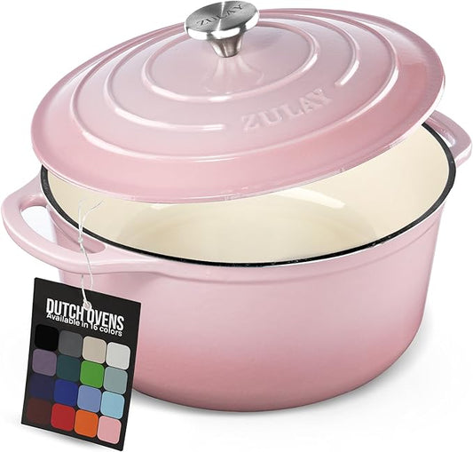 Zulay Kitchen 6 Quart Enameled Cast Iron Dutch Oven Pot with Lid – Premium Durability & Oven Safe up to 500°F – Heavy Duty Cookware Perfect for Bread Baking, Stews, Braising & Roasting – Pink
