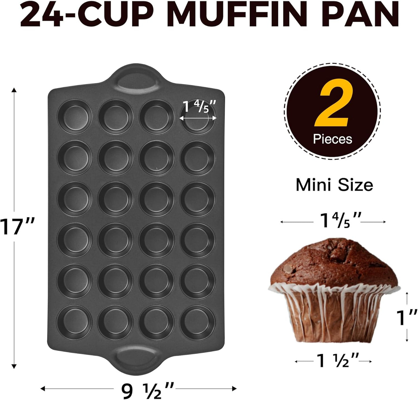 HONGBAKE mini muffin pan nonstick 24, Cupcake Tin for Baking, Commercial Small Cup Cake Tray for Cheesecake, 1.8dia, Heavy-duty, Gray
