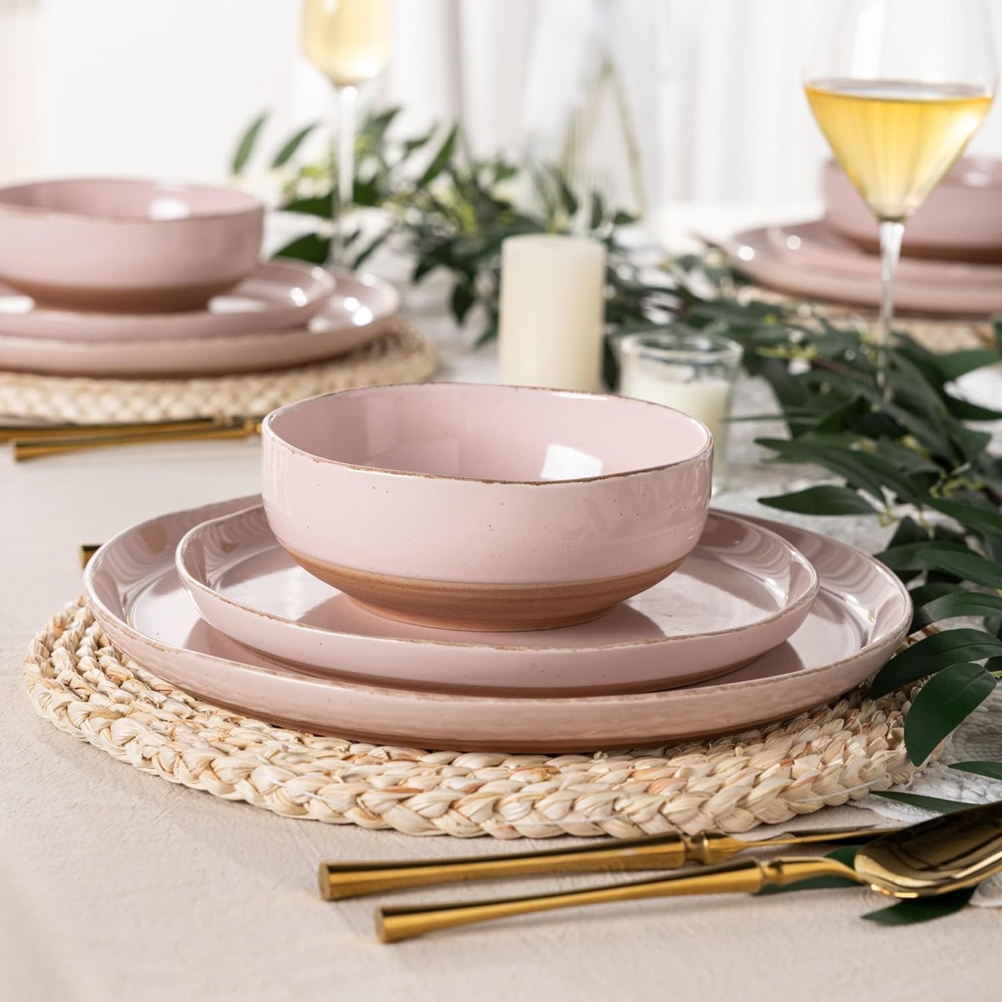 AmorArc Ceramic Dinnerware Sets for 4, 12 Pieces Handpainted Plates and Bowls Set with Rustic Terracotta Underside, Scratch Resistant Stoneware Dishes Set, Dishwasher & Microwave Safe