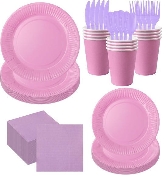 210pcs Thanksgiving Light Purple Paper Plates Disposable Tableware Party Supplies- Includes 9" Dinner Plates, 7" Dessert Plates, 9oz Paper Cups, Napkins, Plastic Forks, Knives And Spoons