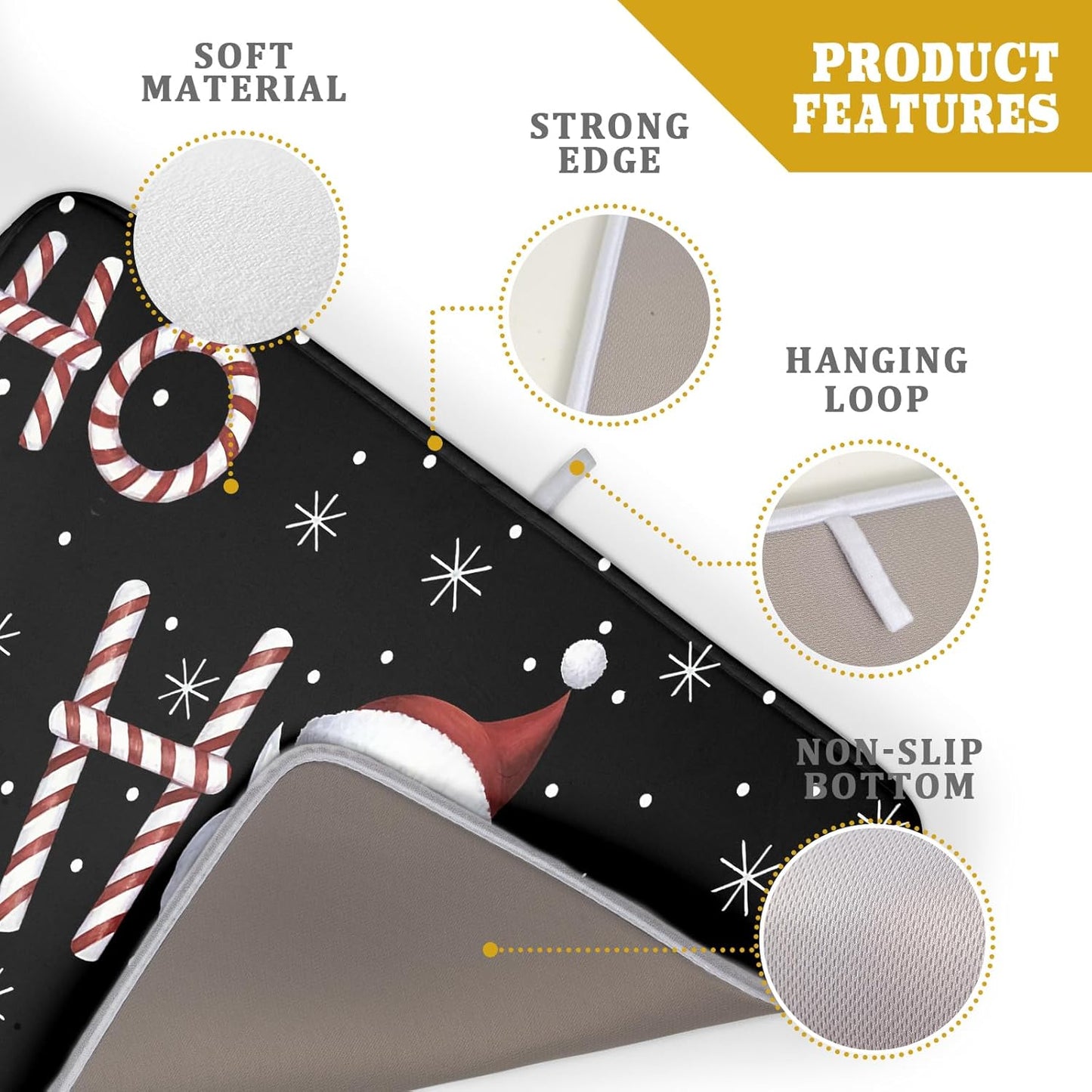 Christmas Santa Laugh Dish Drying Mat Winter Snowflakes Black Dish Drainer Mats Xmas Candy Cane Stick Sweet Dish Dry Pad for Kitchen Countertop Coffee Bar 18x24 inch Large