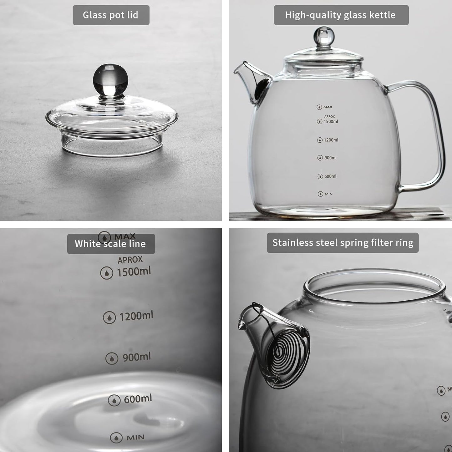 Glass kettle, high borosilicate glass kettle with scale markings, a 2000ml water bottle capacity, suitable for making tea with ice water or boiling water (Panda [Teapot] Glass Lid)