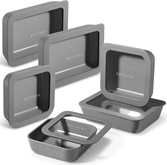 Ceramic Coated Glass Food Storage Container | No PTFE, PFOA, PFAS, and BPA | Reusable Non Toxic Meal Prep Container with Glass Lid | Easy To Store | 6 Piece Food Prep [Smoke]