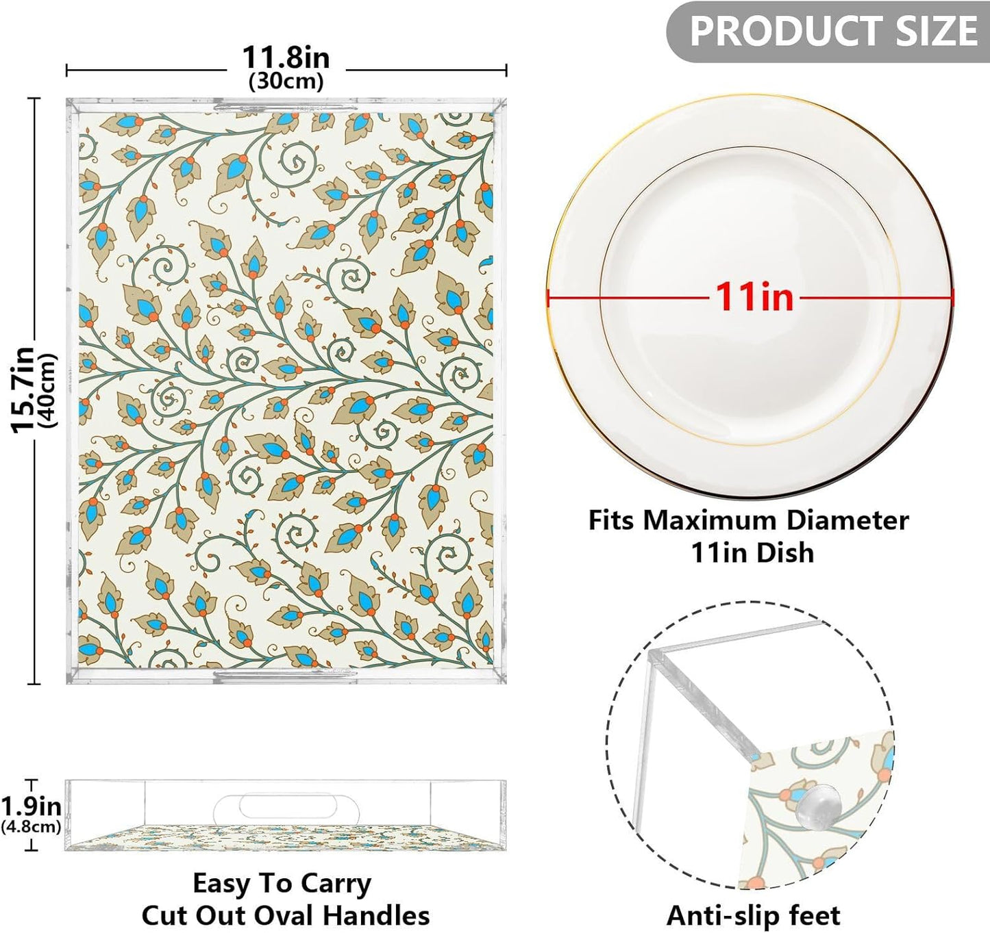 Acrylic Serving Tray with Handles Spill Proof Kitchen Storage Tray Clear Decorative Tray Makeup Drawer Organizer Storage Tray for Bathroom Living Room Ottoman 15.7x11.8Inches