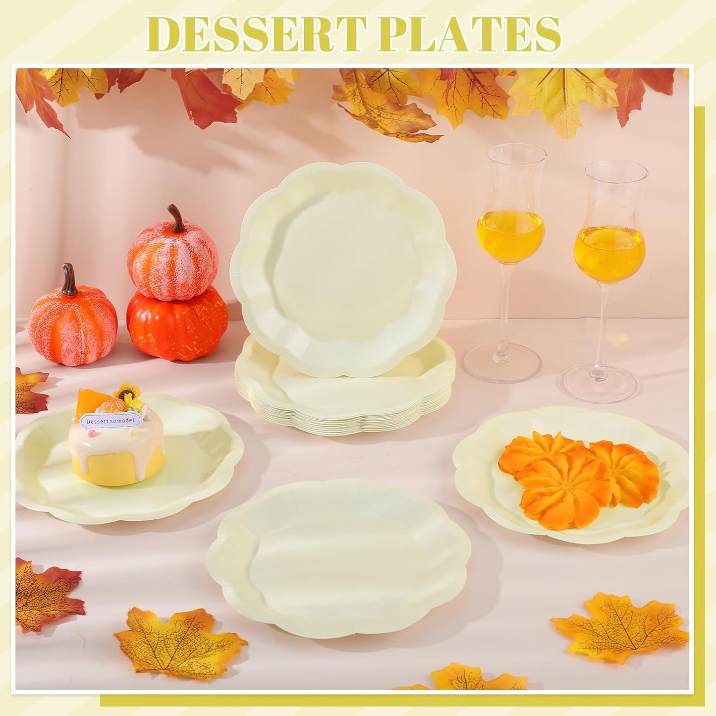 30pcs Thanksgiving Paper Plates 7 Inch Ivory Scalloped Paper Plates Disposable Cream Dessert Cake Plate for Thanksgiving, Friendsgiving, Weeding, Birthday, Baby Shower