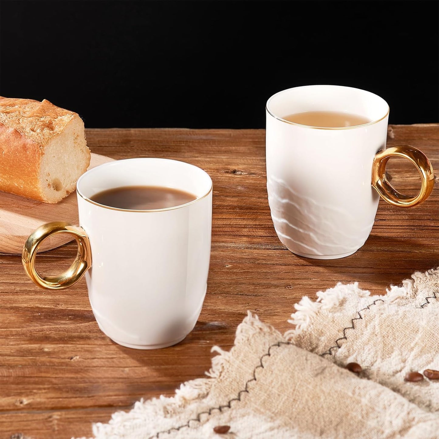 Chulan Upscale 12 oz Bone China Coffee Mug Set of 2, White Lightweight Fine Bone China Tea Cups with Gold Rim, Over 45% Bone Content Porcelain Ceramic Thin Mugs for Espresso Latte Mocha Freezer Safe