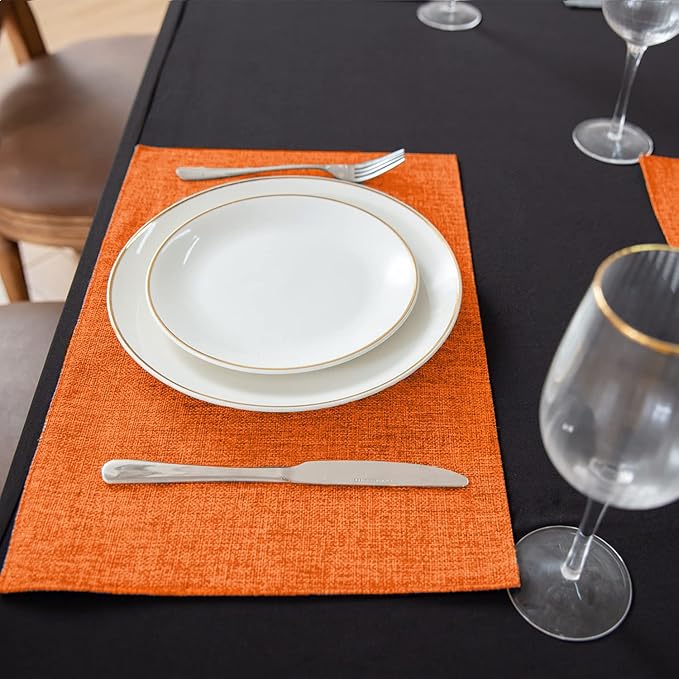 Linen Fabric Placemats Set of 6, Machine Washable, Heat Resistant, Wrinkle Free, Thick Polyester Kitchen Place Mats for Dining Table (Orange)