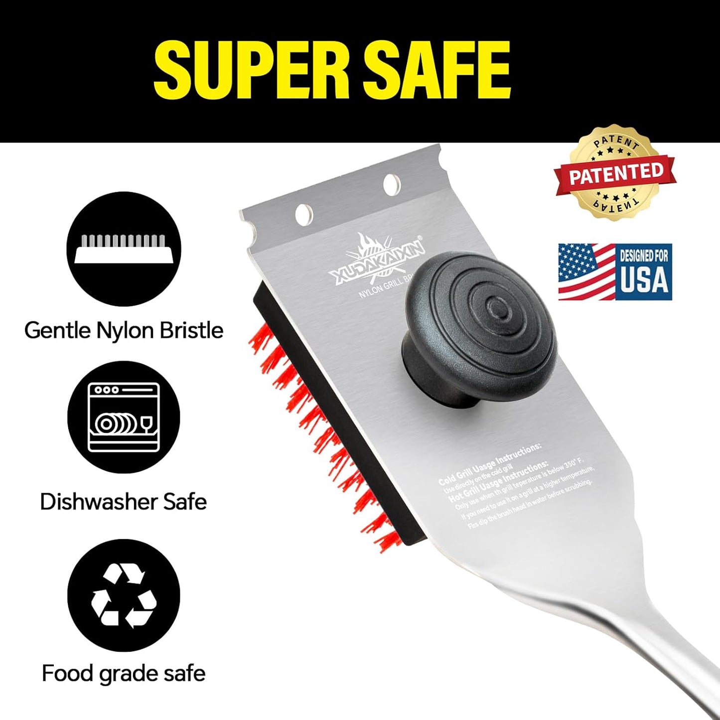 Nylon Grill Brush,Dual Grip Design,with Extended Luxurious Acaciawood Handle,Safe Nylon Bristles Barbecue Triple Scrubbers Cleaning Brush for Cast Iron Grates/Porcelain/Charcoal Grill