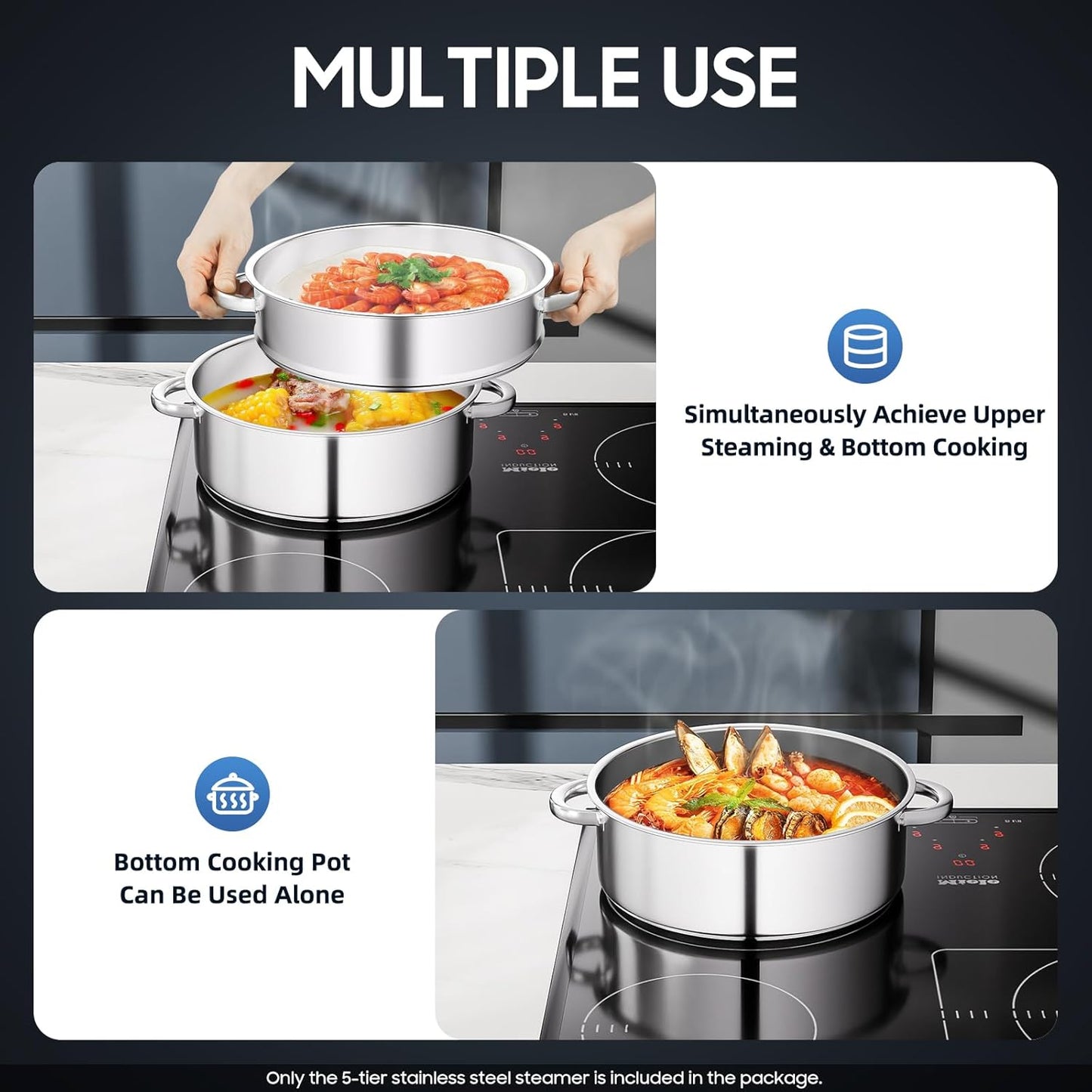 5 Tier Stainless Steel Steamer Pot Multipurpose Steam Cookware Steaming Pot Versatile Steamer for Healthy Cooking Durable 304 Food Grade Steel Ideal for Meal Prep Steaming 33.06 lb Capacity