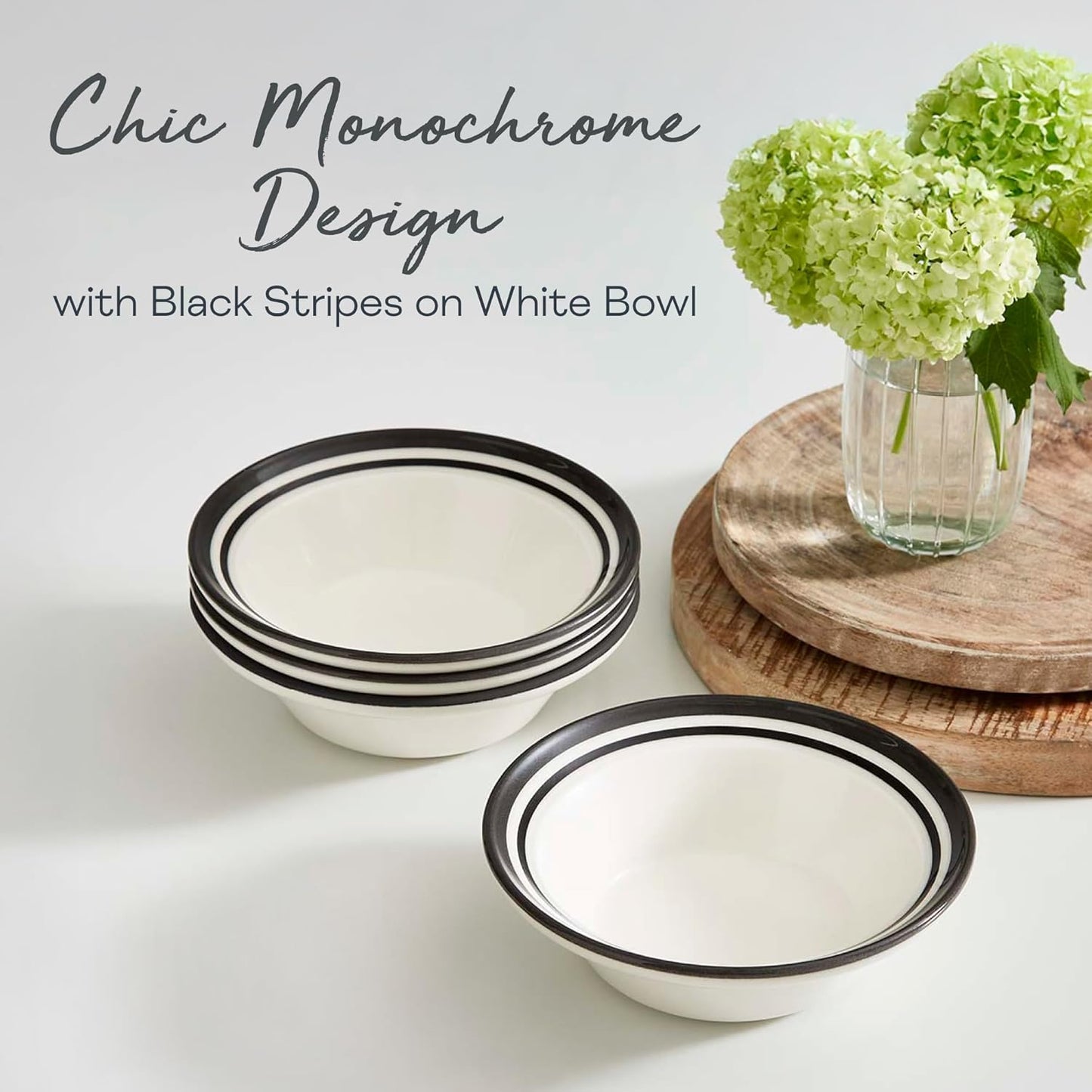 Portmeirion Potter's Stripe Oatmeal Bowls (Set of 4) - Elegant Earthenware for Breakfast, Lunch & Dessert - Microwave & Dishwasher Safe Bowls, Handcrafted Stackable Bowl Collection (Black Stripe)