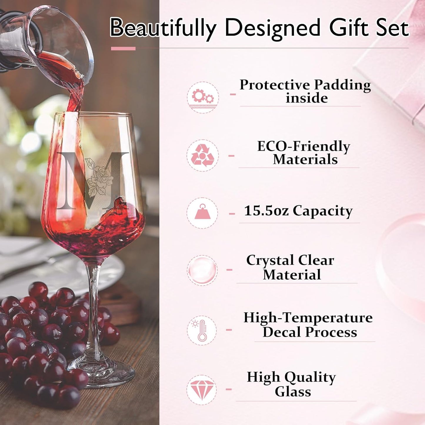 Personalized Wine Glass Gifts for Women, Monogrammed A-Z Wine Glass with Gift Box & Greeting Card, Customized Wine Glasses Initial Wine Glasses Gift for Birthday, Mothers Day, Best Friend, Sister (M)