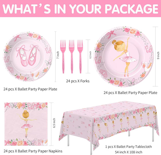 Xigejob Ballerina Birthday Party Decorations Dinnerware, Ballerina Theme Dancing Girl Ballet Party Supplies Tableware, Paper Plate, Napkin, Tablecloth, Disposable Fork, Serves 24