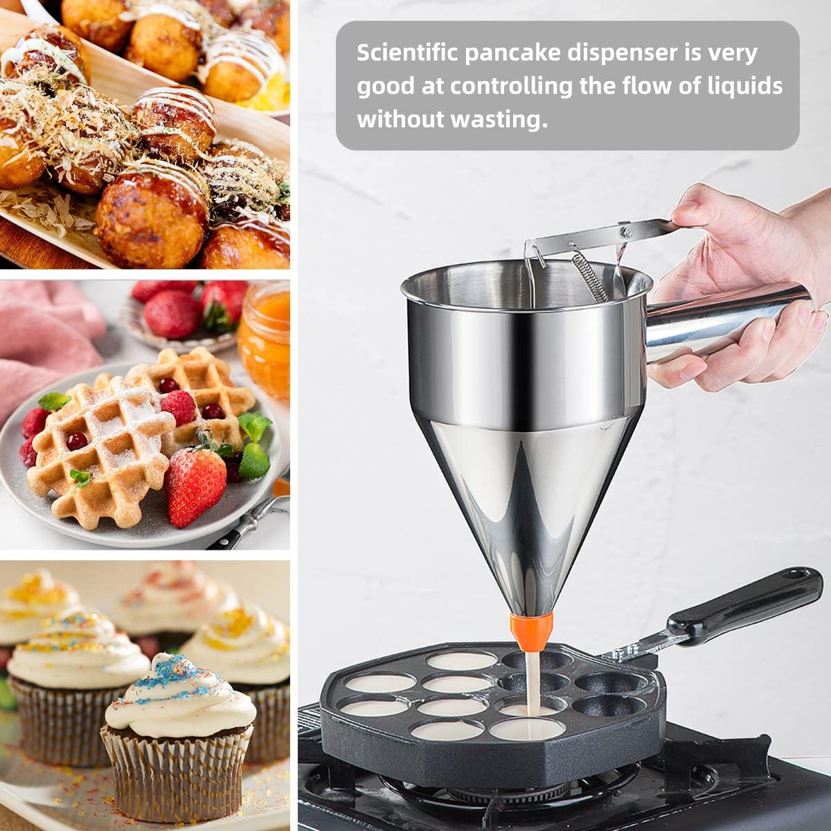 20oz Pancake Batter Dispenser, Stainless Steel Funnel Cake Dispenser with 4 Silicone Nozzles, Perfect for Pancakes, Cupcakes, and Funnel Cakes