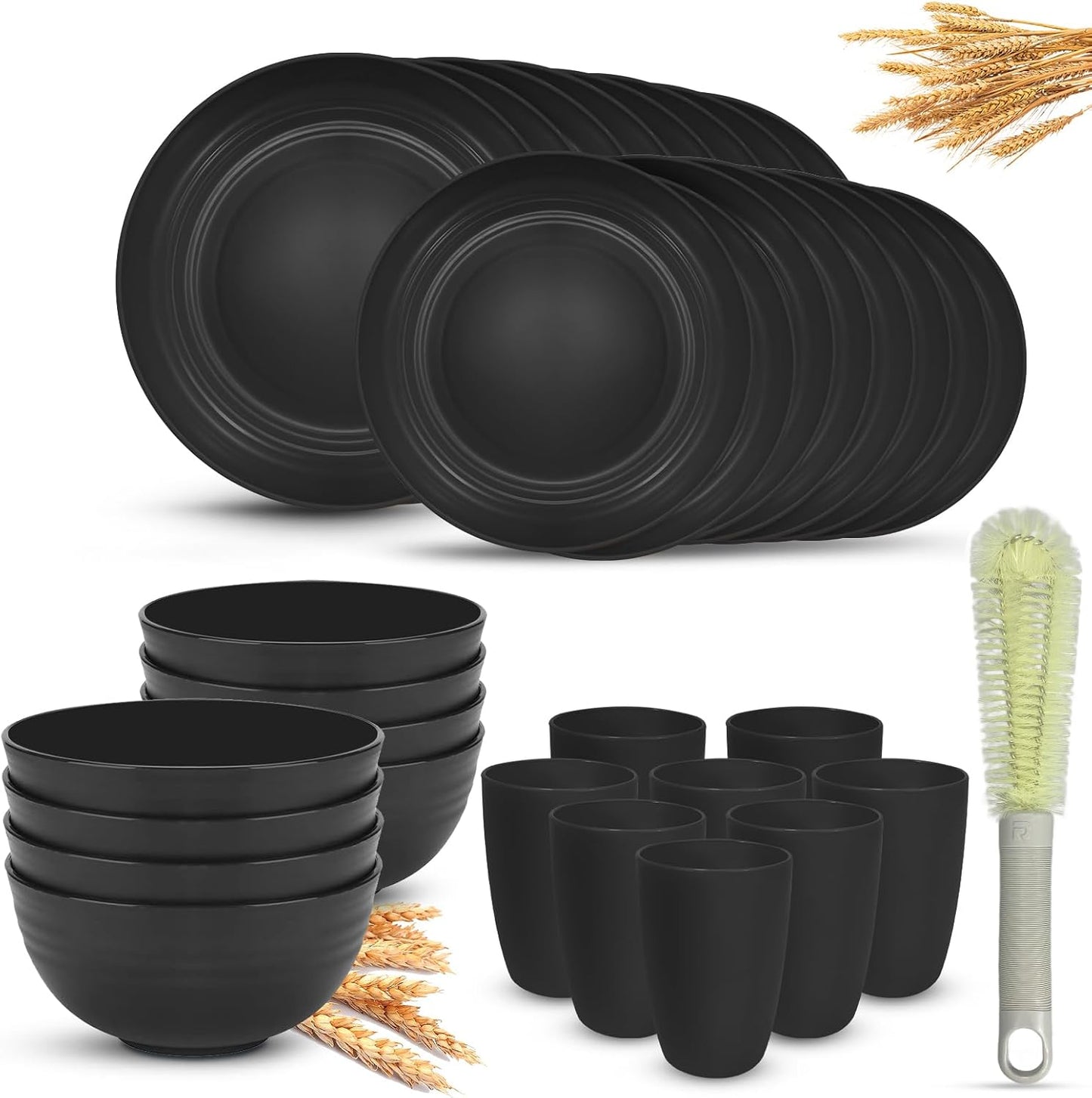 Kitchen Wheat Straw Dinnerware Sets (33pcs) Attached cleaning brush,Service For 8,Plastic Plates and Bowls Sets,Unbreakable Dinnerware,Lightweight Plastic Plate Set