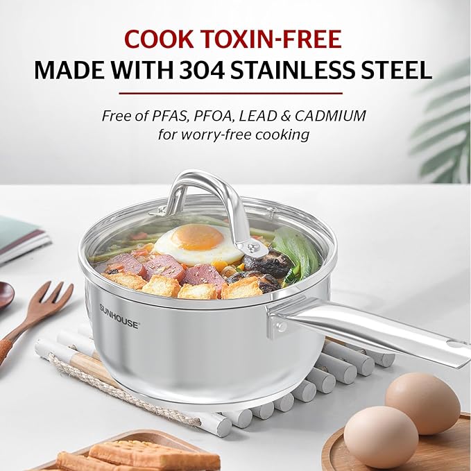 SUNHOUSE – 2 Quarts Stainless Steel Sauce Pan with Lid - PFOA-FREE, High Stainless Steel Sauce Pan, Advanced Impact Bonding Induction Base, Stay-Cool Handle, Compatible with All Cooktops