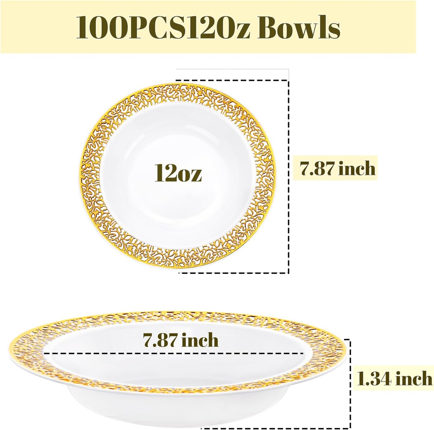 I00000 100 Disposable Gold Plastic Bowls, 12 oz Disposable Bowls, Lace Christmas Thanksgiving Trim, Premium Heavy Duty Plastic Bowl for Party
